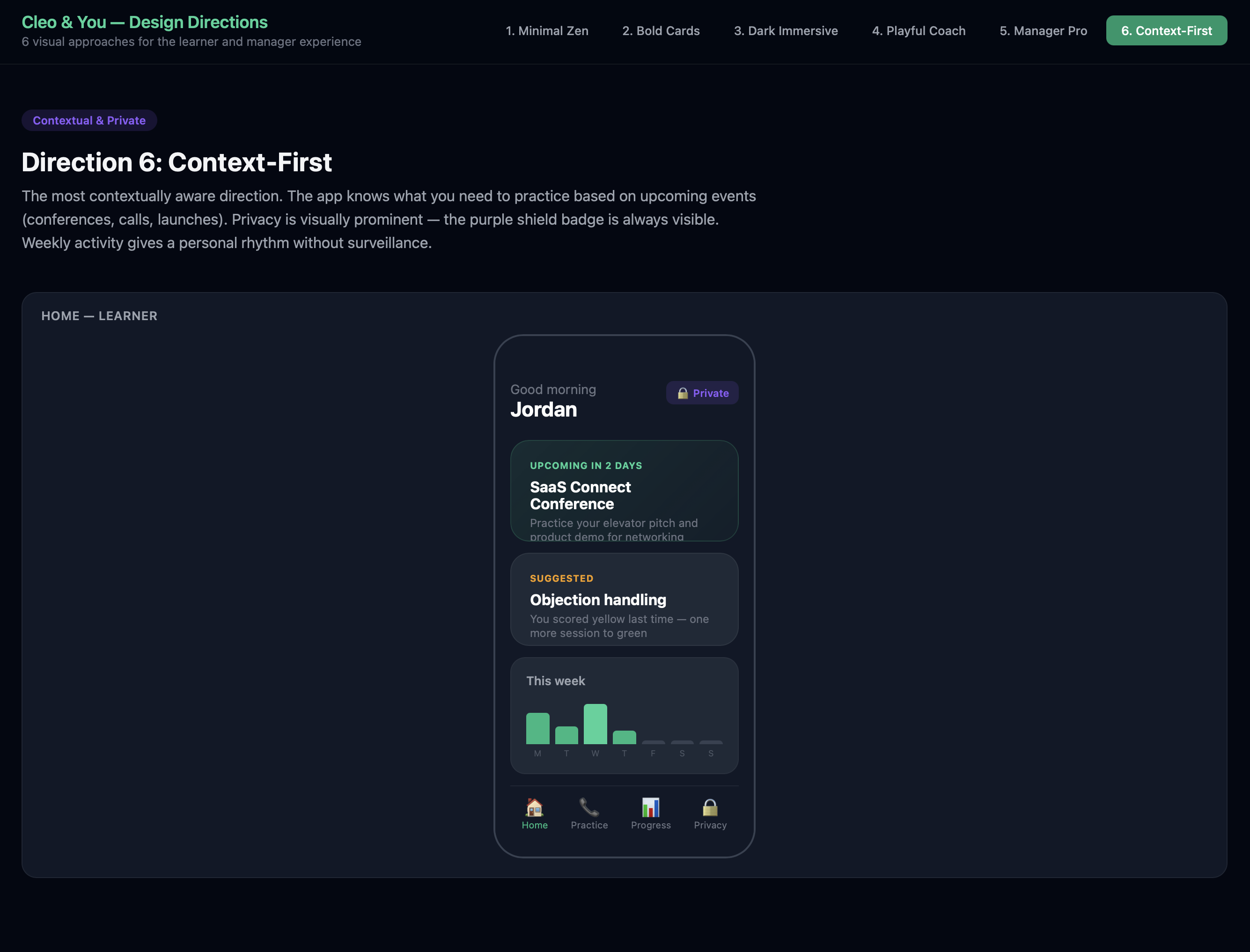 Design Direction 6: Context-First — event-aware suggestions with privacy badge