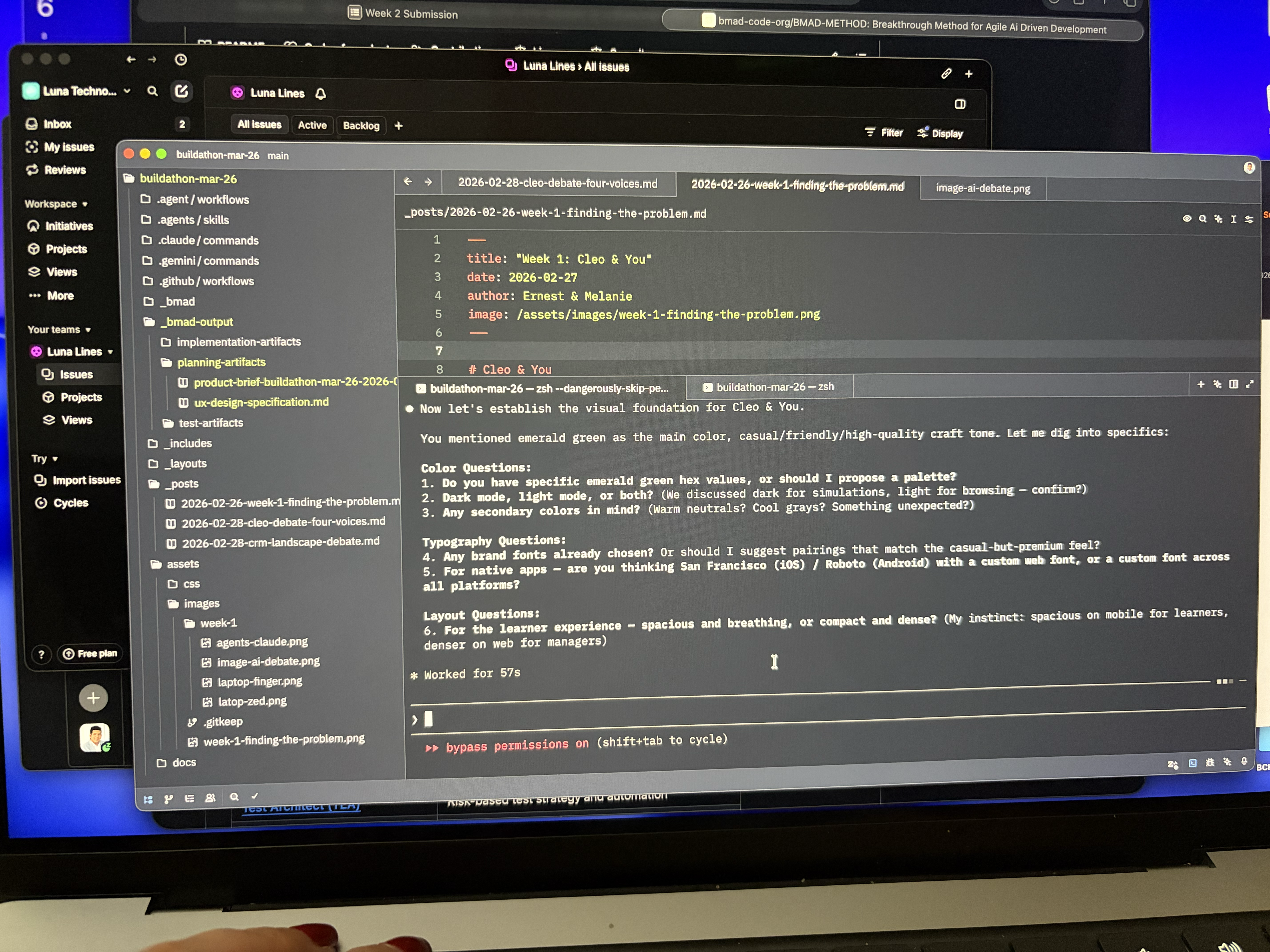 Our workspace during Week 2 — Linear issues, AI-assisted UX design conversations, and project structure